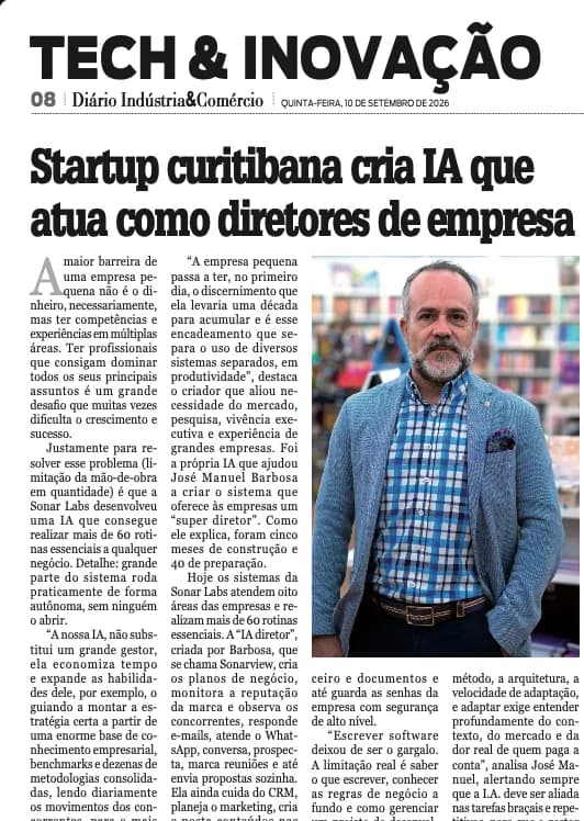 Recorte do Diário Indústria & Comércio com a matéria Startup curitibana cria IA que atua como diretores de empresa